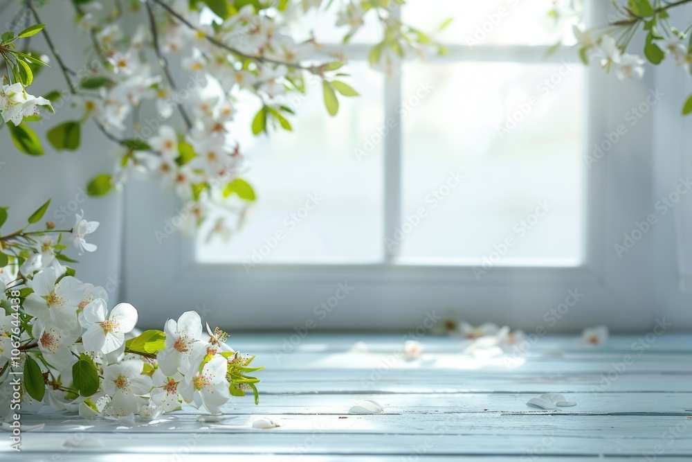 Poster spring themed product display with white window and flowers.