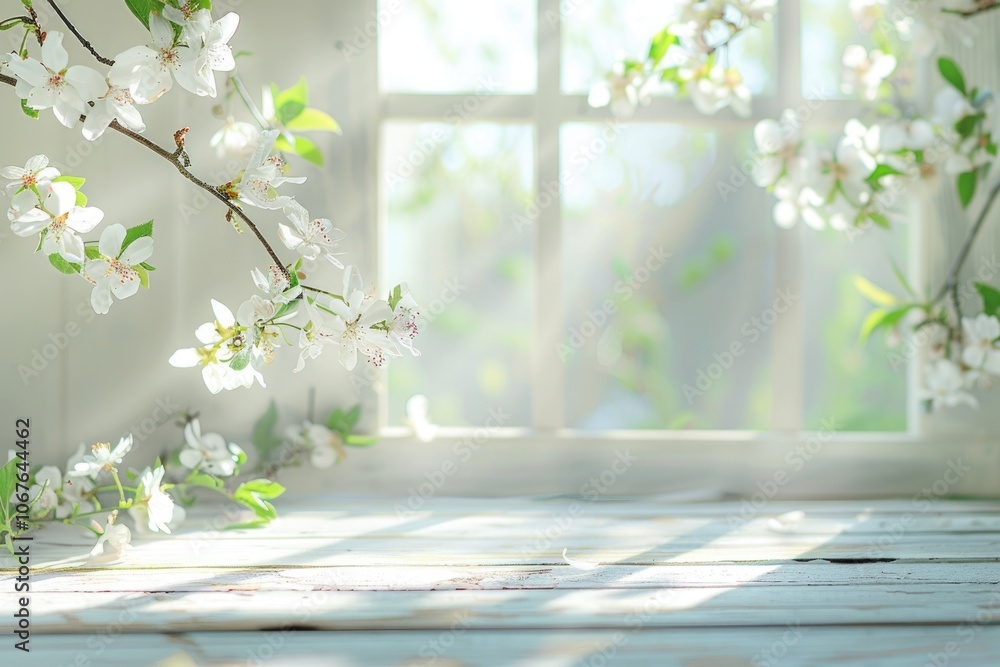 Poster spring themed product display with white window and flowers.