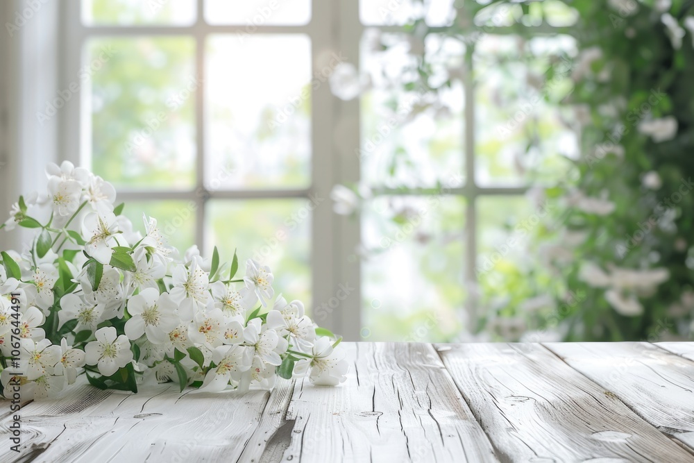Poster spring themed product display with white window and flowers.