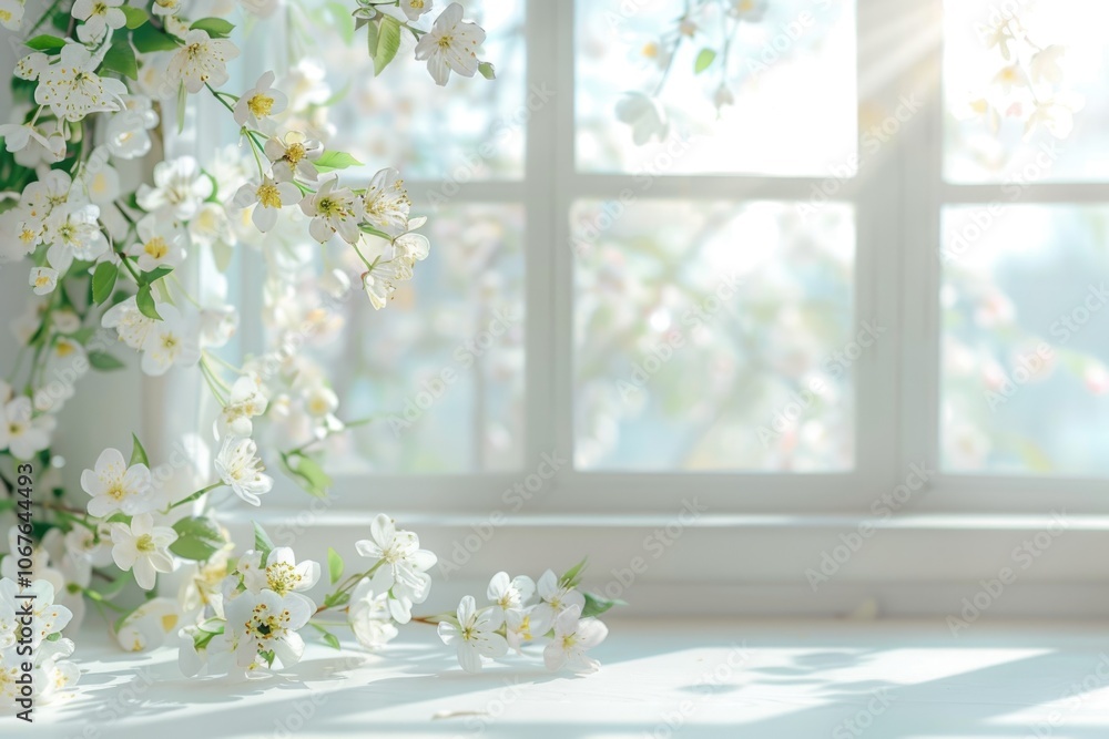 Poster spring themed product display with white window and flowers.