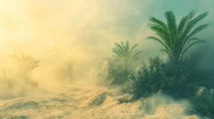 Desert Oasis Dust Storm Subside Palm Trees 3D Rendering