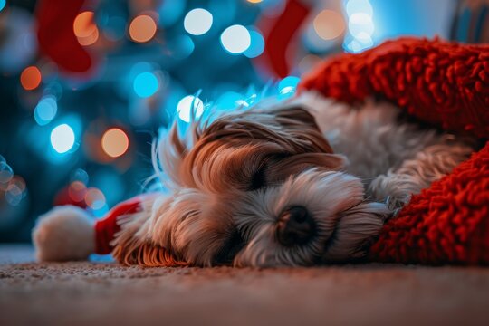Cozy puppy sleeping by christmas tree
