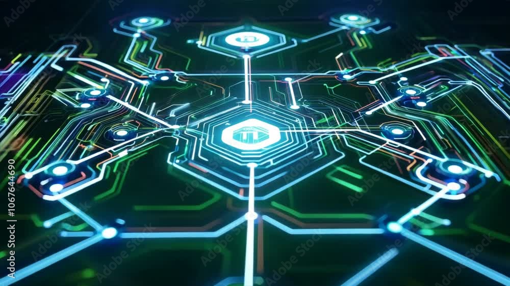 Poster futuristic digital circuit design with glowing neon lines and nodes, showcasing abstract technology 