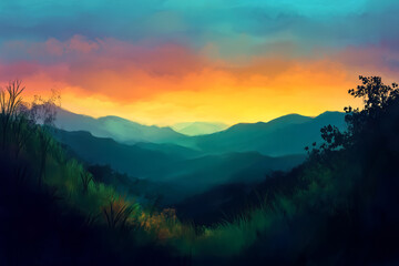 Fototapeta premium Mountain vista at dusk, with the sky ablaze with vibrant colors and the silhouette of peaks stretching into the horizon