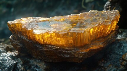 A close-up of a translucent, amber-colored crystal with a natural, rough texture.
