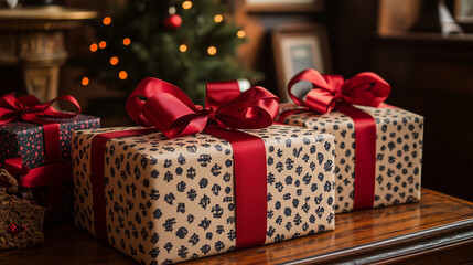 Neatly wrapped gifts with red ribbons on a table.
