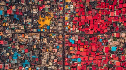 Naklejka premium Aerial view of densely packed urban housing with vibrant colored rooftops.