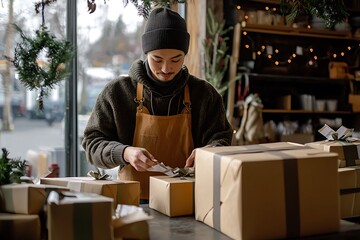 A small business owner carefully packing holiday gifts for delivery, showing the importance thoughtful service during the festive season.