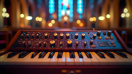 A vintage analog synthesizer with multiple knobs and switches is set inside a beautifully lit church, with blurred stained glass windows in the background