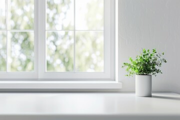 White desk with free space for decoration and small plant.