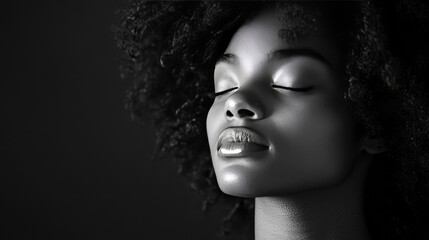Obraz premium Serene Black and White Portrait: Woman with Afro, Closed Eyes, Peaceful Expression