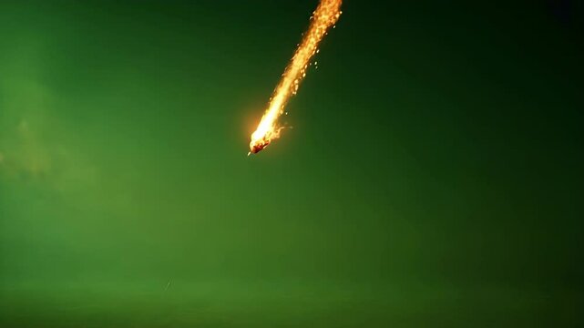 Multiple asteroids burning while entering the atmosphere, perfect for science fiction movies or video games, with green screen for easy compositing