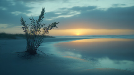 Obraz premium Serene Sunrise Beach: Silhouette Plant, Reflective Waters, Cinematic Photography