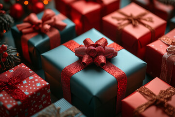 Collection of gift boxes with red and green wrapping.