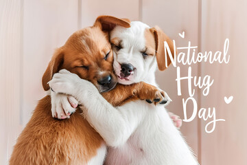 Text National Hug Day with cute puppies hugging each other