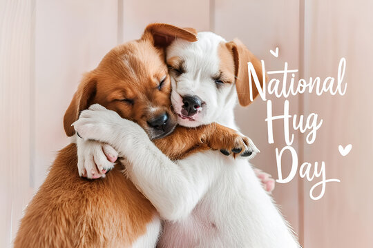 Text National Hug Day with cute puppies hugging each other