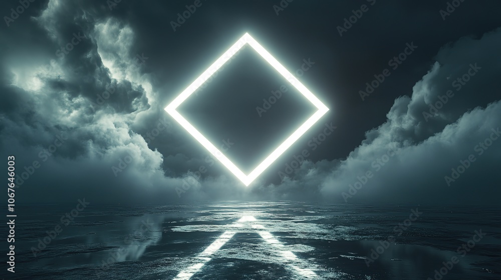 Poster 3d rendering, abstract futuristic background with neon geometric shape and stormy cloud on night sky