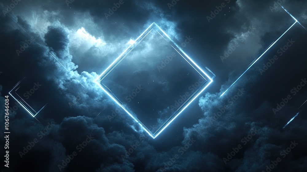 Poster 3d rendering, abstract futuristic background with neon geometric shape and stormy cloud on night sky
