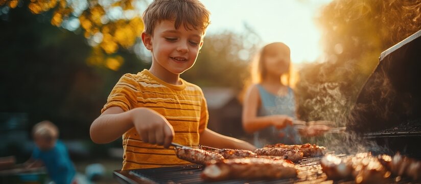 Young boy grilling food with his family.