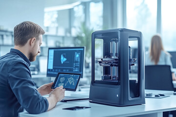 Sleek design studio, with designers and engineers collaborating on innovative product concepts and prototypes, sketching ideas on digital tablets and using 3D printers and CAD software
