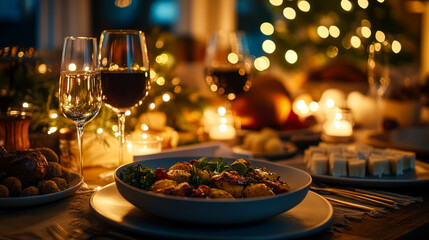 Elegant Gathering with Guests Dining Under Warm Lighting