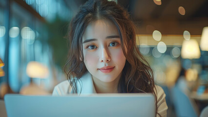 Young Woman Working on Laptop with Soft Focus Background