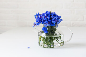 Blue flowers in a glass teapot on a white table on a light background. Bright fresh cornflowers
