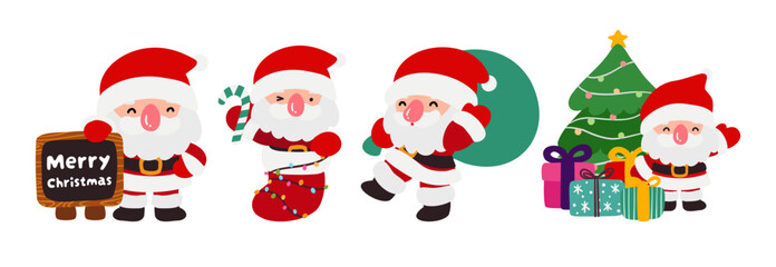 Santa Claus Doodle Set with Christmas Tree, Gifts, and Merry Christmas Sign Vector Illustration