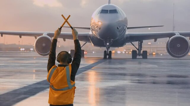 Ground Crew Member Guiding Commercial Aircraft On Wet Runway During Sunset Airport Operations