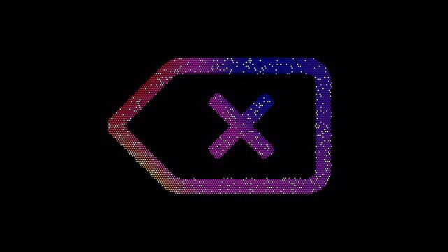 Icon backspace is made up of LED square shapes that shimmer and flicker. There are black dead diodes. In-Out looped. Alpha BW at the end