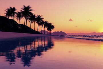 Tranquil beach at sunset, with fiery orange and pink hues reflecting off the calm waters and silhouettes of palm trees swaying in the gentle evening breeze