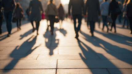 Silhouettes and shadows of people on the sidewalk in the morning city hustle, blurred image