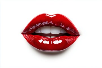 Obraz premium Red glossy lips on white background. Glamour makeup concept. Beauty close-up for cosmetic advertising. 