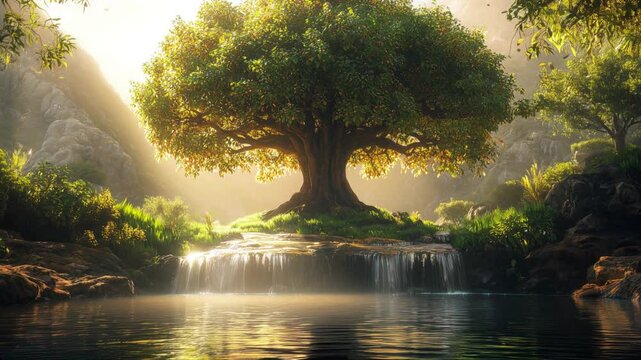 Tree of life in Eden, story from the Bible and prophecy of God and savior Jesus Christ.
Christianity eternal life heaven.
