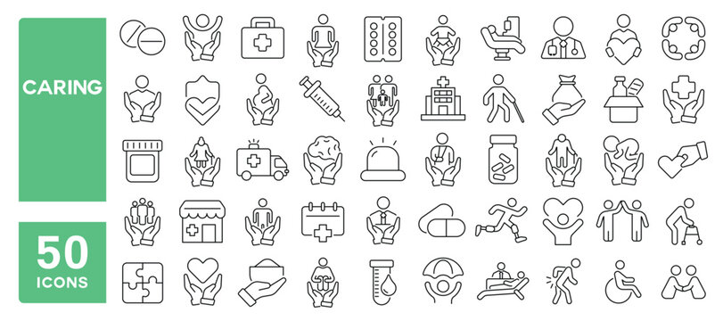 Set of 50 line icons related to caring, people, support, help, health, community, treatment, recovery, social, Editable stroke. Vector illustration