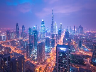 A vibrant cityscape at dusk, showcasing modern skyscrapers and illuminated streets.