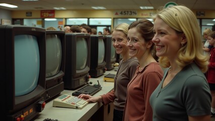 Women explore vintage computers in a retro lab, celebrating early tech and friendship