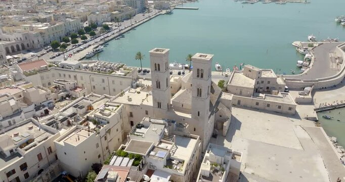 Aerial view of the church of San Corrado in Molfetta, in the province of Bari, Puglia, Italy. It is a Catholic place of worship located on the edge of the Old Town of the city, facing the port.