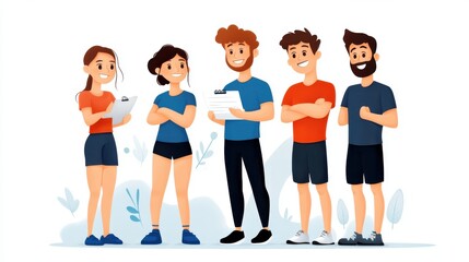 Five young adults pose together while holding clipboards and sheets of paper, smiling confidently, suggesting teamwork and cooperative effort in outdoor setting.