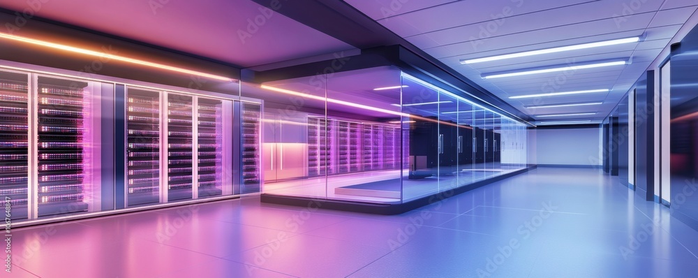 Poster modern server room interior with glowing lights. advanced data center infrastructure with high-tech 