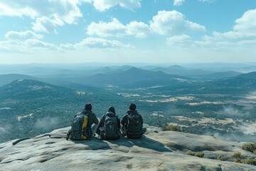 Backpackers taking a break on a rocky outcrop, with breathtaking views of the valley below and the sound of wind rustling through the trees.