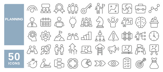 Set of 50 line icons related to planning, strategy, scheduled, task, plan, timeline, check, assessment, act, assign, Editable stroke. Vector illustration