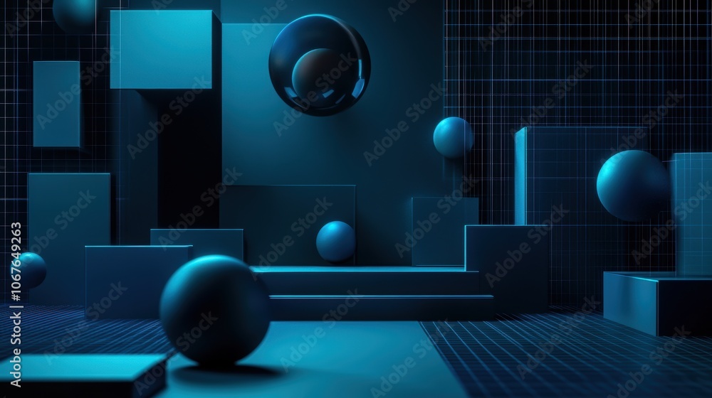 Poster abstract 3d render of geometric shapes in a dark blue space. futuristic background for modern design