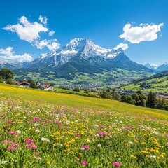 Scenic mountain landscape with vibrant flowers and clear blue skies.