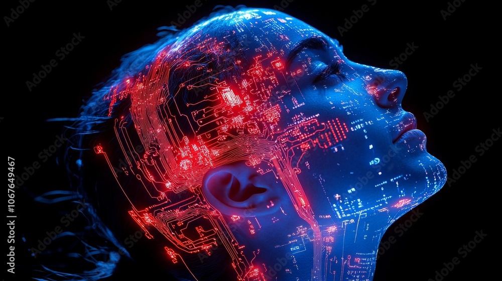 Poster human brain silhouette with circuit patterns representing technology and artificial intelligence
