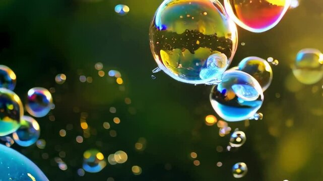 Multicolored soap bubbles fly in the air.