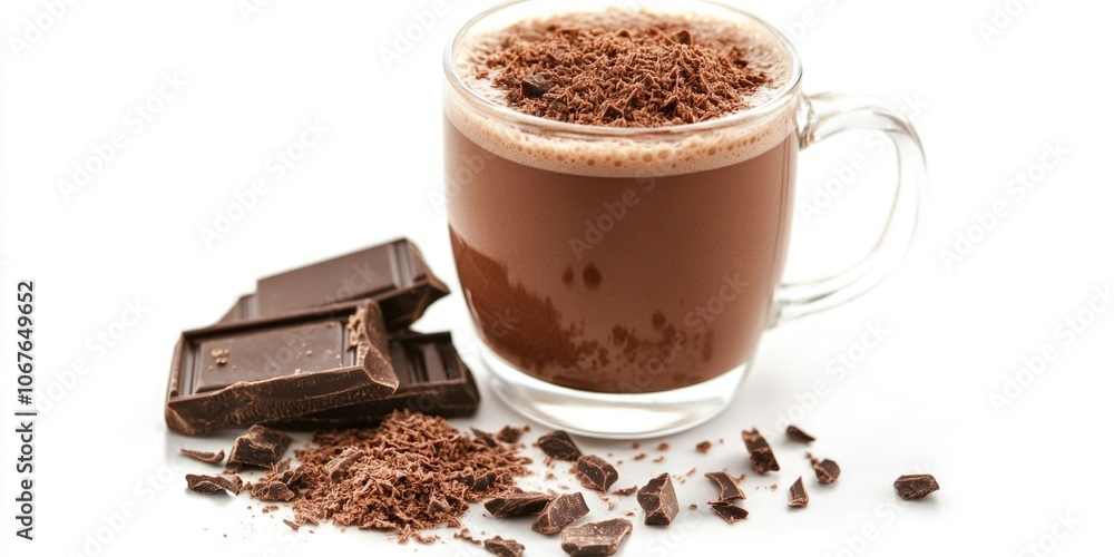 Poster a steaming cup of cocoa latte adorned with chocolate shavings, ready to enjoy. the contrast between 