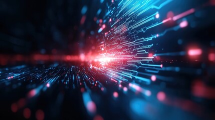 Fototapeta premium Abstract digital illustration with glowing blue and red light trails. Futuristic technology and data transfer concept.