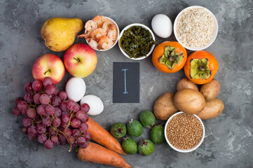 Example of a range of food products containing iodine, I. The concept of a proper balanced diet. Top view, on a light background, horizontal.
