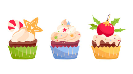 Christmas cupcakes set - cute winter sweets food. Xmas icing muffin santa claus hat, snowman, christmas tree, sugar cream with mistletoe, giengerbread man. Flat cartoon dessert vector illustration.